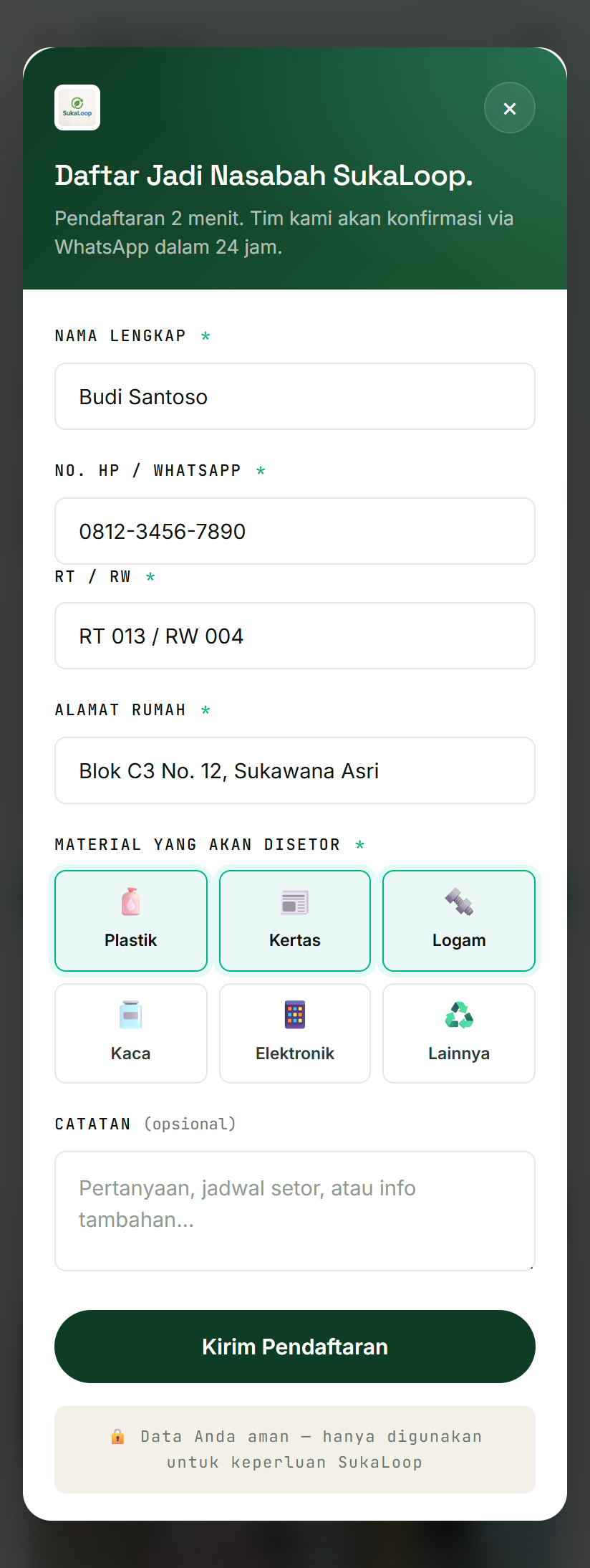 Formulir pendaftaran nasabah SukaLoop