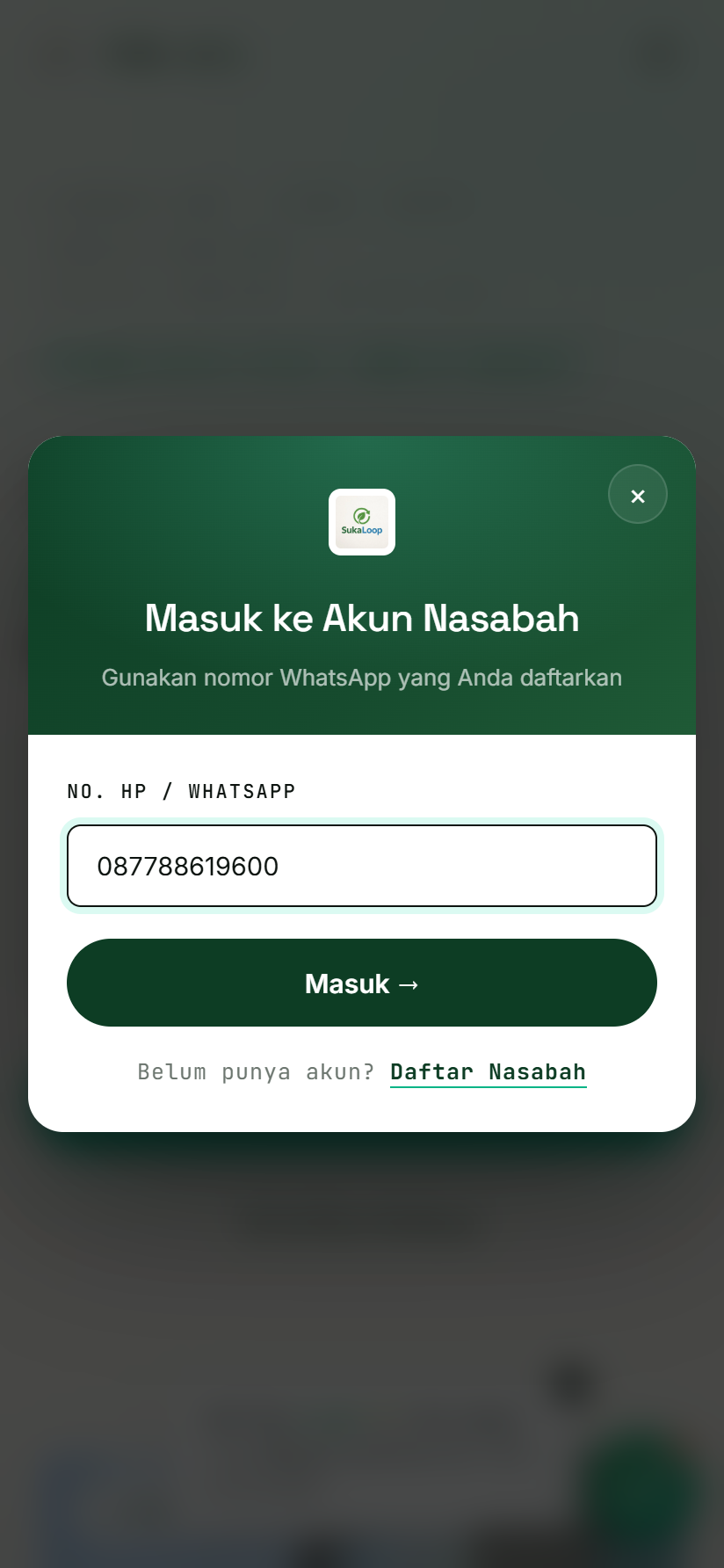 Layar masuk SukaLoop dengan kolom nomor HP