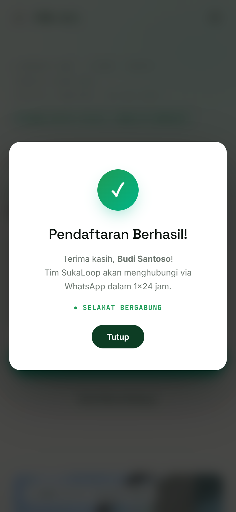 Layar pendaftaran berhasil