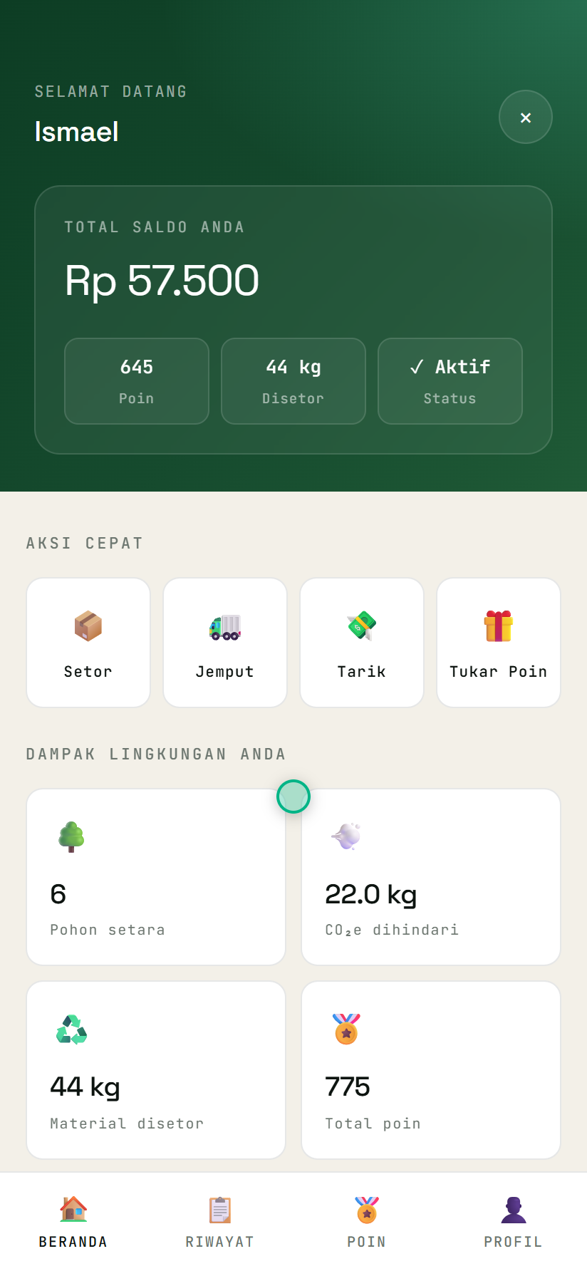 Dashboard nasabah: saldo, poin, kg, dampak