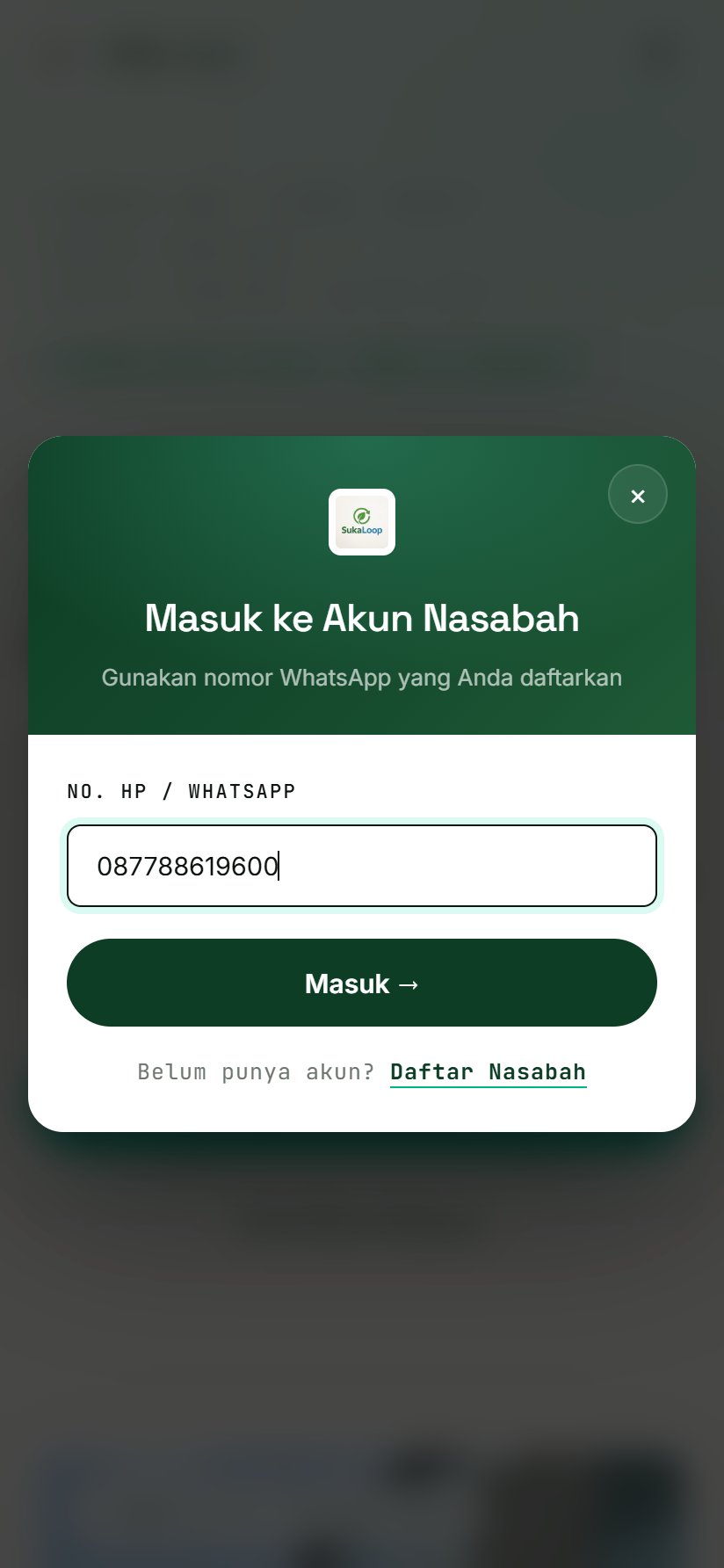 Layar masuk SukaLoop dengan kolom nomor HP