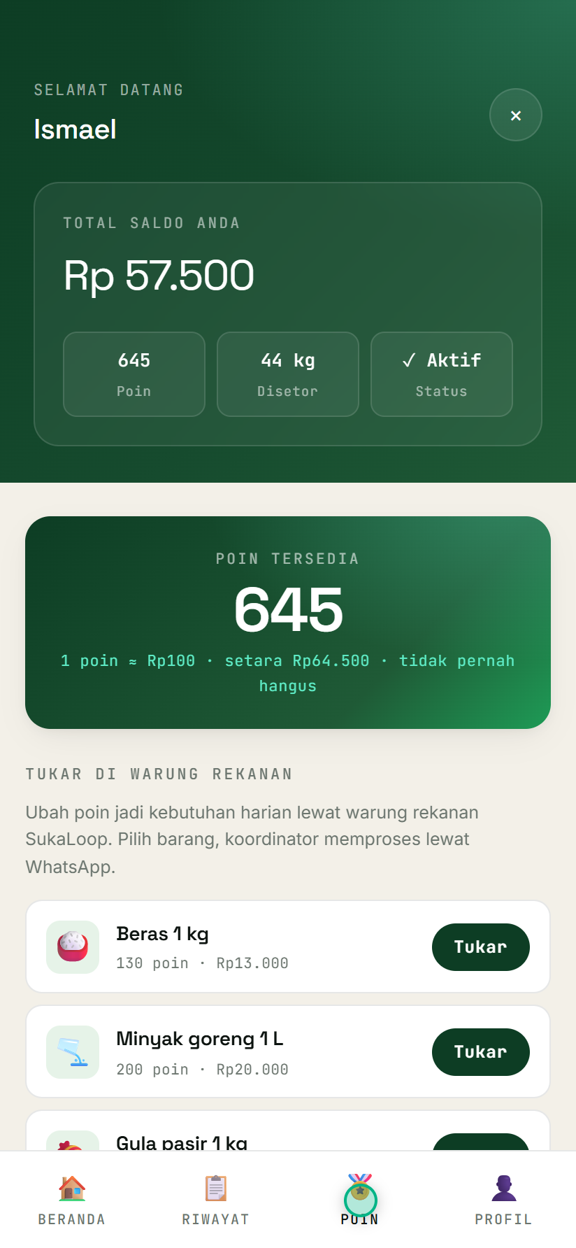 Tab Poin: poin tersedia dan katalog warung rekanan