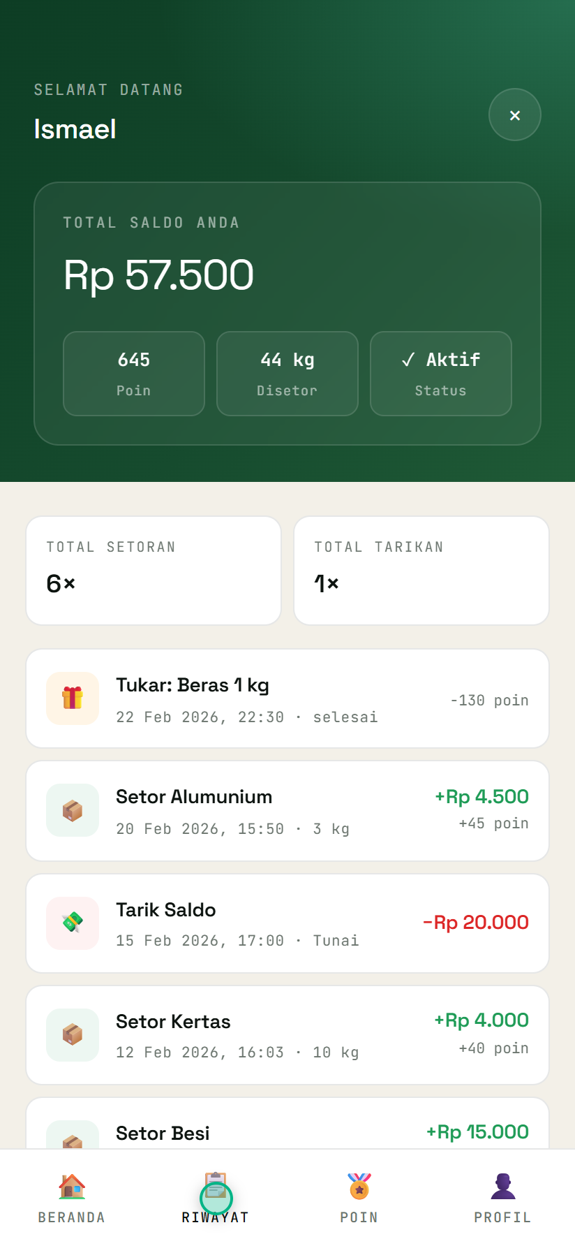 Daftar riwayat transaksi nasabah