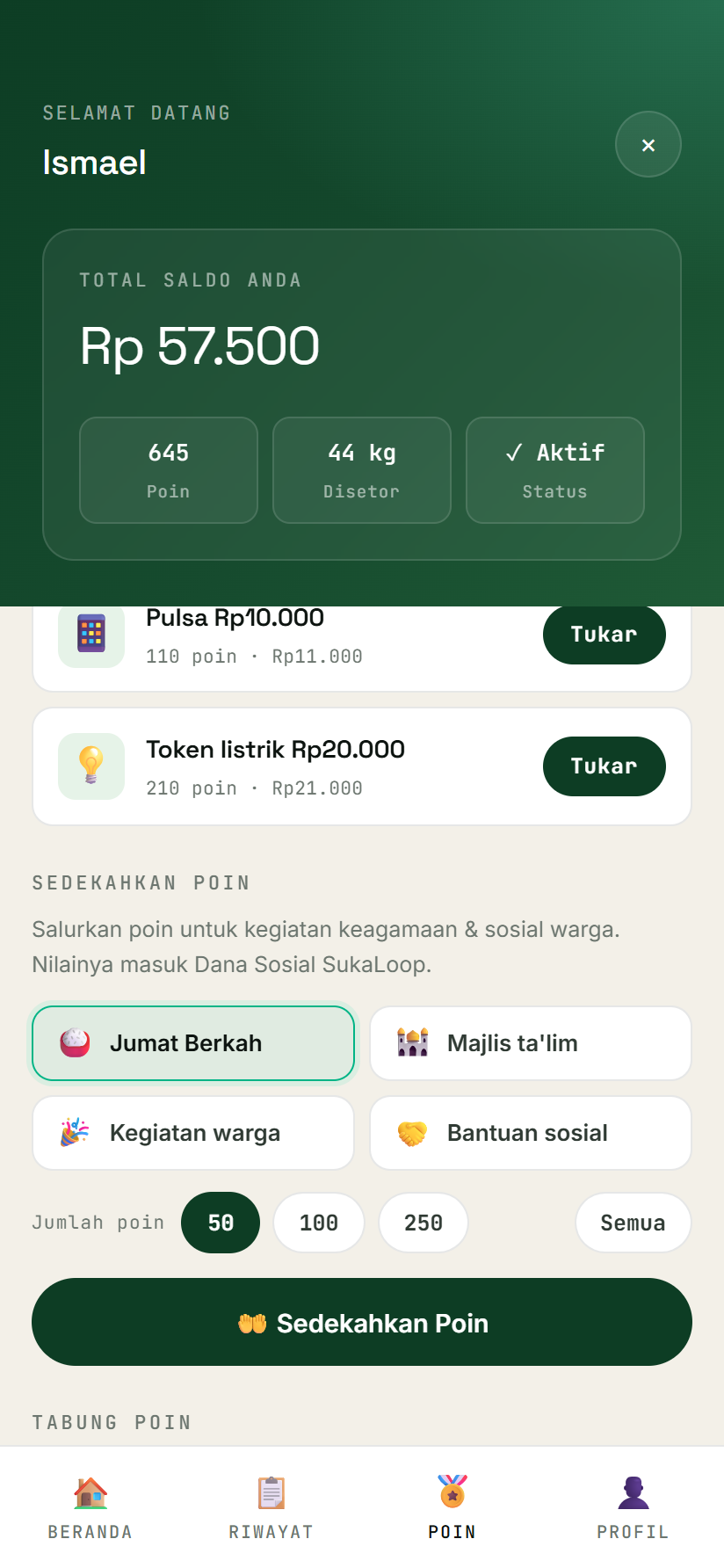 Sedekah poin dan tabung poin