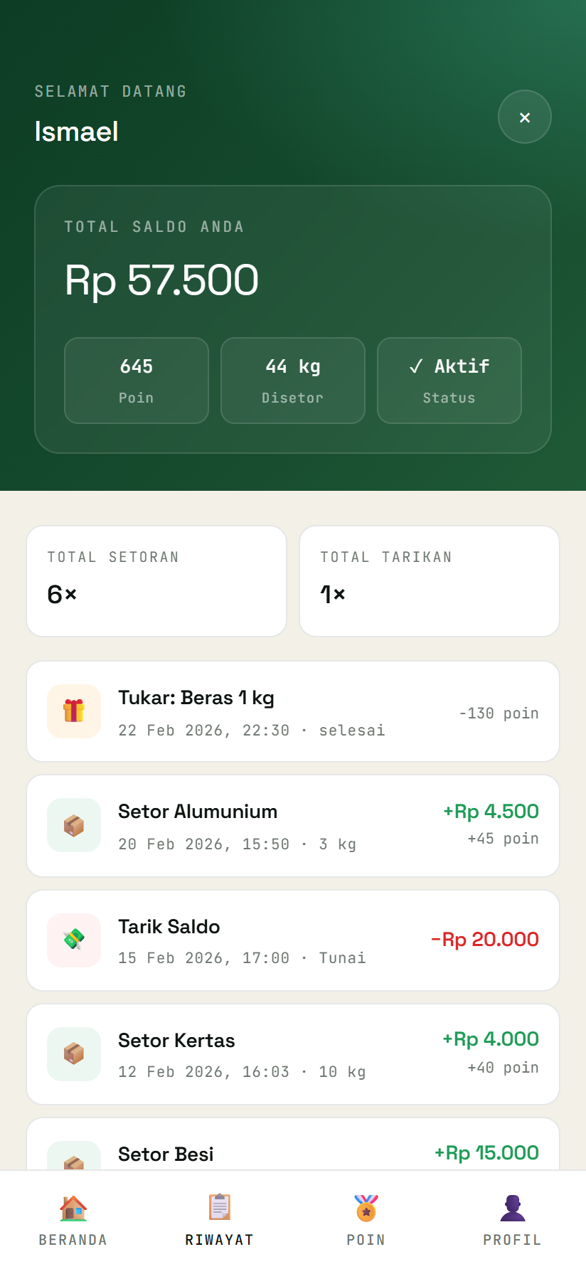 Daftar riwayat transaksi nasabah