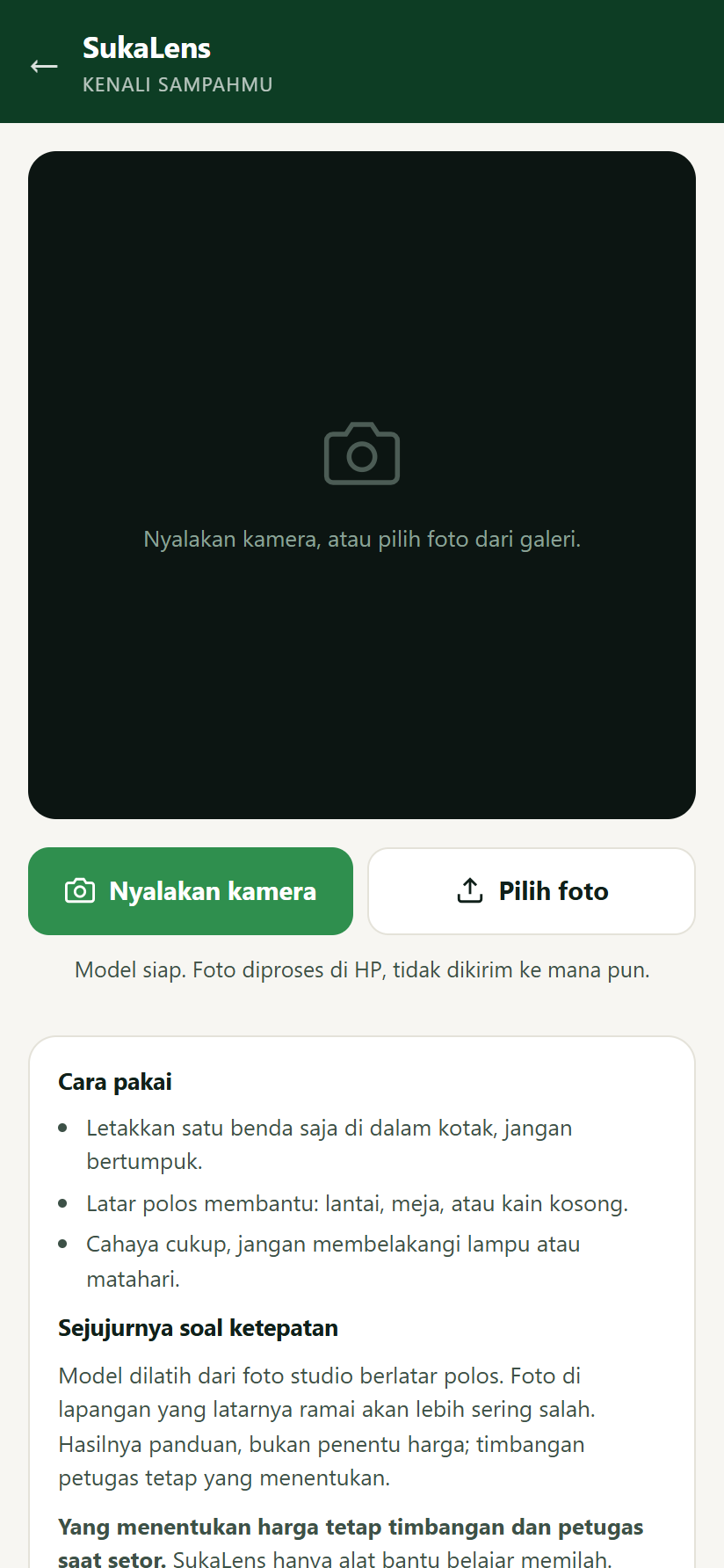 Halaman SukaLens: tombol nyalakan kamera dan pilih foto